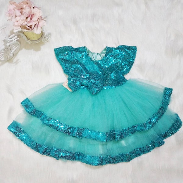 Girls turquoise sequin party dress, toddler mint green sparkle dress, 1st birthday dress, flower girl dress, baby teal sequin dress