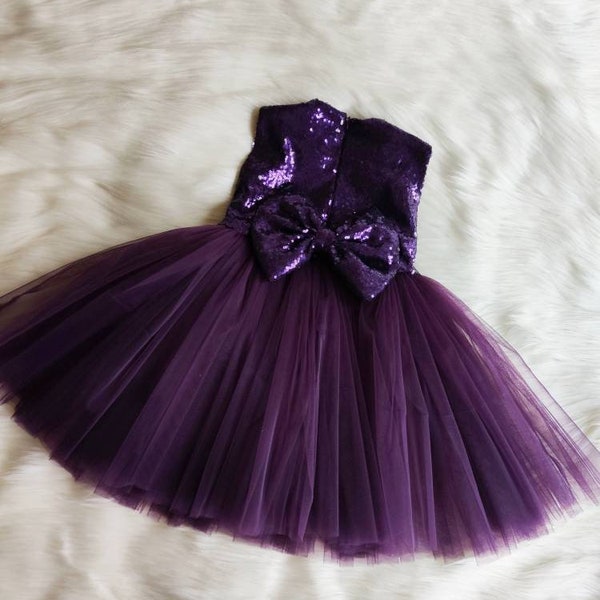 Purple flower girl dress, toddler purple sequin dress, girls birthday dress, baby egglant party dress, flower girl dress, girls party dress