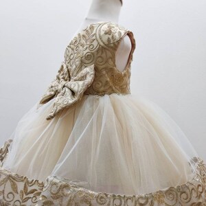 Fancy Kids Lace & Tulle Peplum Flower Girl Gold Dress w/ Floral Appliqué