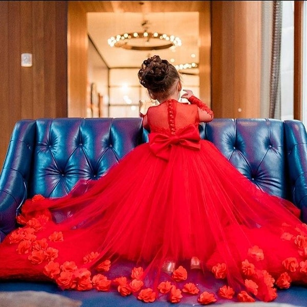 Vestido de tul de niña de las flores, vestido de encaje rojo para niñas, vestido de fiesta para niños pequeños, vestido de desfile de niñas, vestido de cumpleaños para niñas, vestido de tul de tren de lujo para niñas