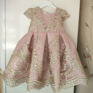 Girls gold lace party dress, girls blush pink gold dress, girls luxury party dress, flower girl dress, 1st birthday dress, baby gold dress