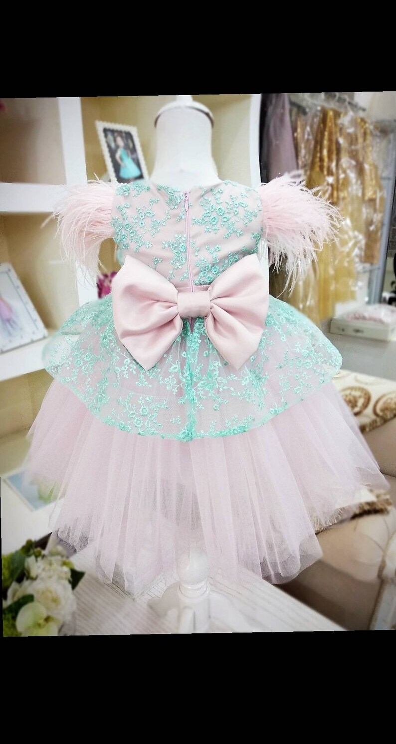 Girls Mint Green Tulle Lace Dress - Flower Bow Party Birthday Dress, Knee Length