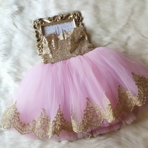 Girls Pink Gold Lace Tulle Party Dress Flower Girl Dress Etsy