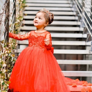 Flower girl tulle dress, girls red lace dress, toddler party dress, girls pageant dress, girls birthday dress, girl luxury train tulle dress image 3