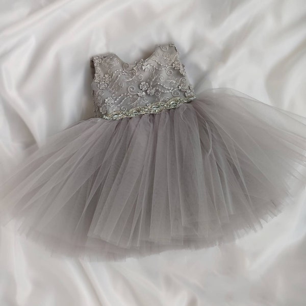 Girls gray lace crystal belt party dress, girls gray lace dress, birthday dress, flower girl dress, girls charcoal tulle dress