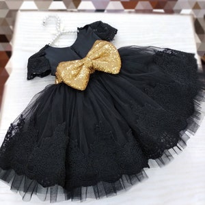 Girls black gold dress, girls lace tulle dress, baby luxury party dress, flower girl dress, first birthday dress, toddler sequin dress