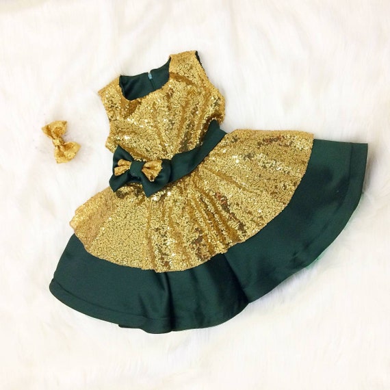 Girls Party Dark Green Dress Girls Emerald Gold Dress 1st
