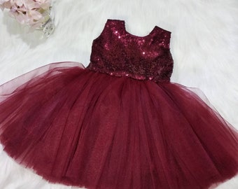 Girls burgundy sequin dress, toddler wine red sparkle dress, 1st birthday dress, maroon flower girl dress, open back baby cheap party dress
