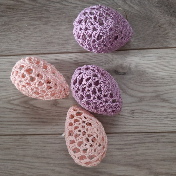 4 vintage crocheted Easter eggs,  decoration,  lavender and light pink/ pinkish-orange