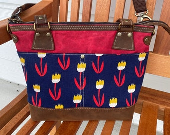 Small Waxed Canvas and Leather Tote Bag Purse with removable cross body strap. Floral canvas with tulips.