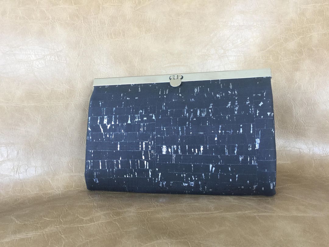 Cork Clutch Wallet, Cork Purse, Nickel Hardware, Black/silver, Frame