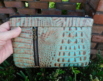 Crocodile Embossed Cowhide Leather Clutch