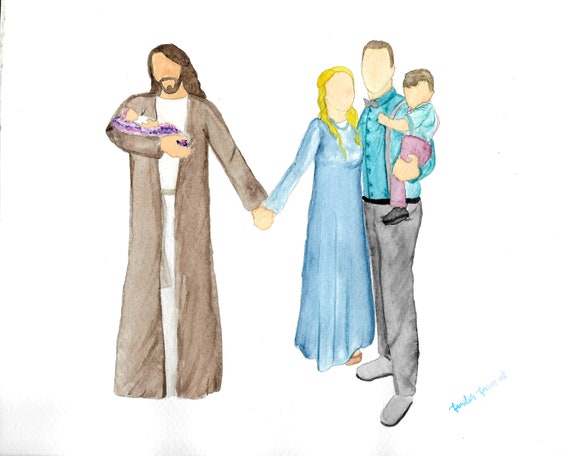 Infant Loss Loss of Family Member Custom Handmade Watercolor Family Portrait with Christ