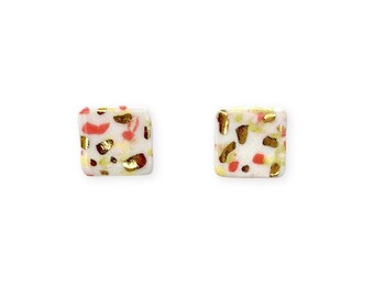 Square Porcelain Earring Studs, Handmade Terrazzo Studs with Gold and Sterling Silver Posts