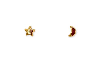 Gold Star and Moon Earrings: Handmade Ceramic Celestial Studs