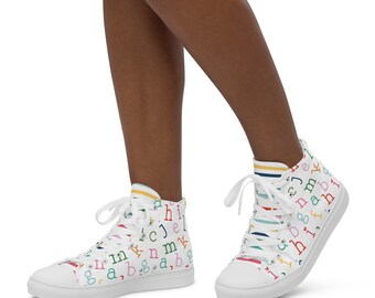 Alphabet Teacher Shoes | Women’s High Top Canvas Sneakers | Colorful Classroom Style Gift