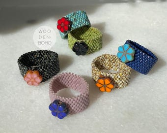 CLEMENTINE Mix & Match Floral Beaded Ring, Flower Pendant Beaded Handmade Ring for Women, Autumn Color Floral Design