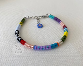 GIGI Blue, Purple, Pink and Blue Tones Handwoven Beaded Bracelet, Multicolored Tiny Glass Beaded Bangle