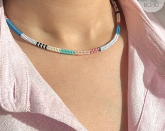 MARIN Blue and Pink Tones Miyuki Necklace, Handwoven Bohemian Choker for Him and Her, Aesthetic Patchwork Necklace, Multicolor Summer Choker