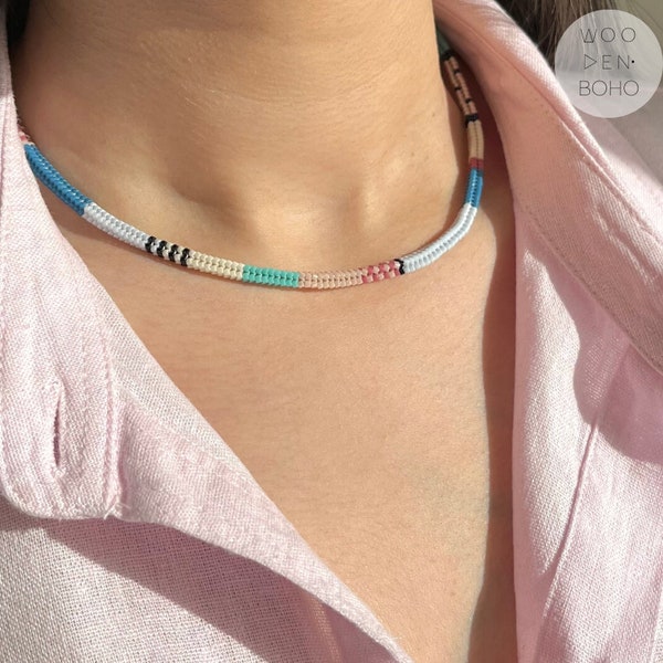 MARIN Blue and Pink Tones Miyuki Necklace, Handwoven Bohemian Choker for Him and Her, Aesthetic Patchwork Necklace, Multicolor Summer Choker