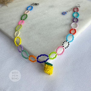 DEMETER Lemon Pendant Beaded Choker, Colorful Festival Choker Necklace, Fruit Design Summer Choker zdjęcie 7