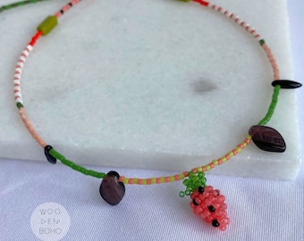 CHARLOTTE Summer Necklace, Strawberry Design Tiny Beaded Everyday Choker Necklace for Women, Mixed Bead Aesthetic Trend Necklace