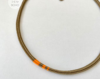 HAZEL Minimal Beaded Necklace / Olive Green and orange detailed handwoven choker for her