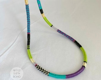 VIOLA Turquoise, Lime Green and Purple Tones Beaded Handwoven Necklace made with Miyuki Glass Beads, Colorful Handmade Choker Necklace