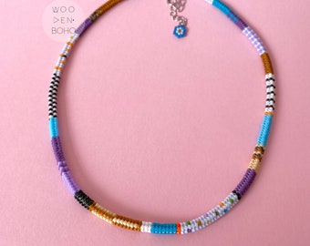 ASLI Purple Blue and Neutral Colors Necklace, Stylish Handwoven Choker, Colorful Miyuki Necklace