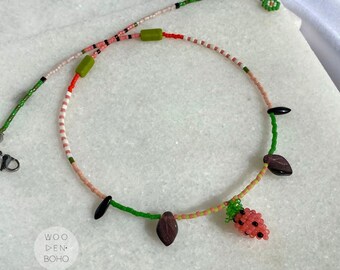 CHARLOTTE Summer Necklace, Strawberry Design Tiny Beaded Everyday Choker Necklace for Women, Mixed Bead Aesthetic Trend Necklace