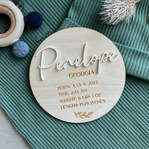 PEUTIER Baby Announcement Sign,5.9 Inch Double Side Wooden Birth Announcement Sign With Ink Pad For Baby Hand And Footprints Hospital Hello World Newborn Announcements Cute Footprints
