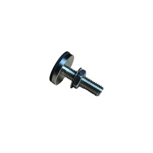 May include: A silver metal screw with a black rubber base and a silver metal nut. The screw is used to attach furniture to a surface.