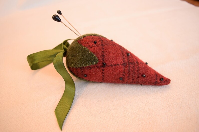 Pin Cushion Felted Wool and Fabric Strawberry Etsy