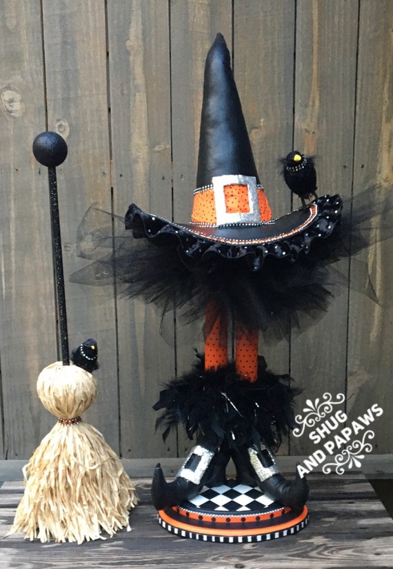 Witch Stand Halloween Centerpiece, Witch and Broomstick centerpiece, Halloween Decorations,Halloween Witch Decor,