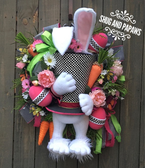Easter Bunny Wreath, Spring Wreath, Bunny Wreath, Mad hatter Wreath, Easter Egg Wreath, Easter Decor ,Carrot Wreath , Large Wreath ,
