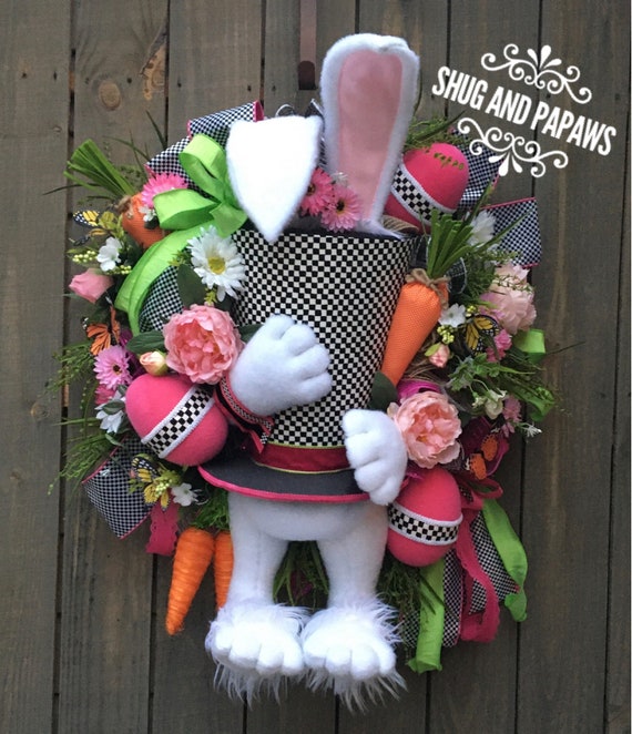 Easter Bunny Wreath, Spring Wreath, Bunny Wreath, Mad hatter Wreath, Easter Egg Wreath, Easter Decor ,Carrot Wreath , Large Wreath ,