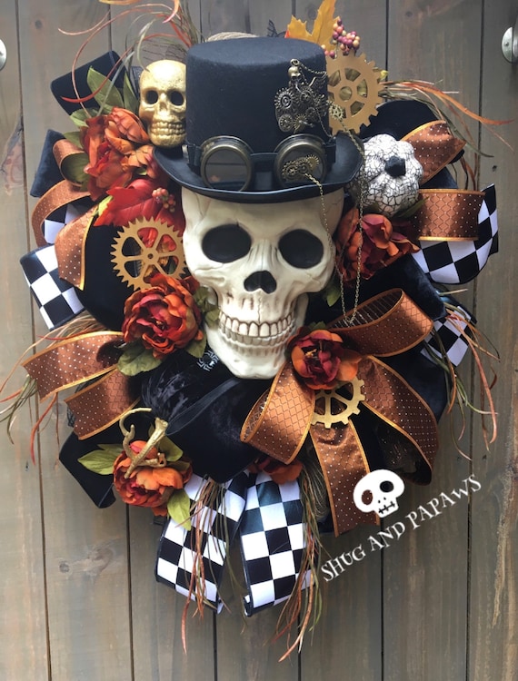 Steampunk Skeleton Wreath, Large Skelly , Halloween Wreath, Autumn Wreath,Spooky Wreath, Halloween Decor,Mr Bones wreath, Skeleton Wreath