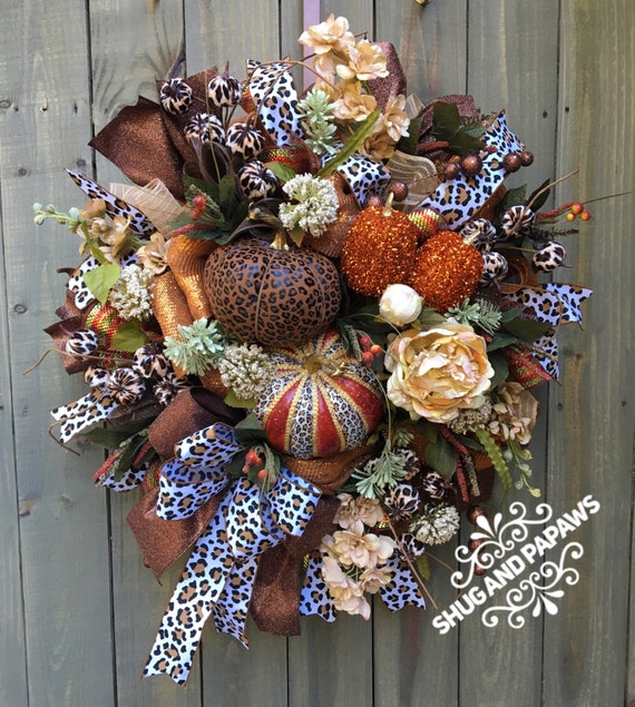 Fall Cheetah Pumpkin Wreath, Animal Print Wreath , Fall Wreath, Pumpkin Wreath, Glitter Pumpkin,Glamorous Wreath,Large Wreath ,Entry Wreath