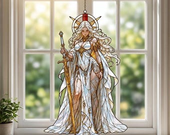 Fantasy Warrior Goddess Suncatcher, Acrylic Stained Glass Style Window Hanging, Valkyrie Queen Ornament, Fantasy Home Decor, Gamer Gift