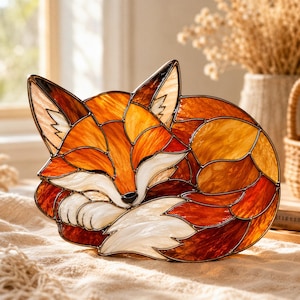 Adorno de mesa acrílico con forma de zorro durmiendo, decoración de escritorio con forma de zorro adorable, adorno acrílico de animales del bosque, regalo acogedor de decoración del bosque.