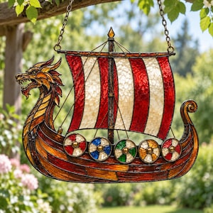 Vikingadrakeskepp akryl solfångare, nordiskt långskepp fönsterhängande, vikingadekor, drakbåtsprydnad, nordisk gåva