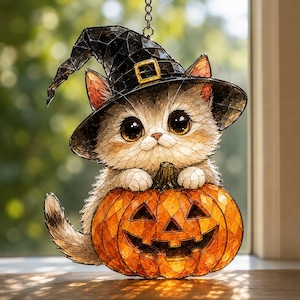 Puede incluir: Adorno decorativo de gato para Halloween. El gato, con grandes ojos marrones, lleva un sombrero de bruja negro con hebilla dorada y sostiene una calabaza naranja. El adorno tiene un efecto de vidriera y cuelga de una cadena.