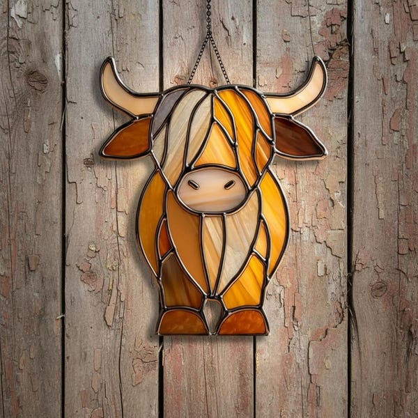 Highland Kuh gefärbtes Acryl, Highland Kuh Suncatcher, Glasmalerei Western Kuh, Wohnkultur, Wandkunst hängend