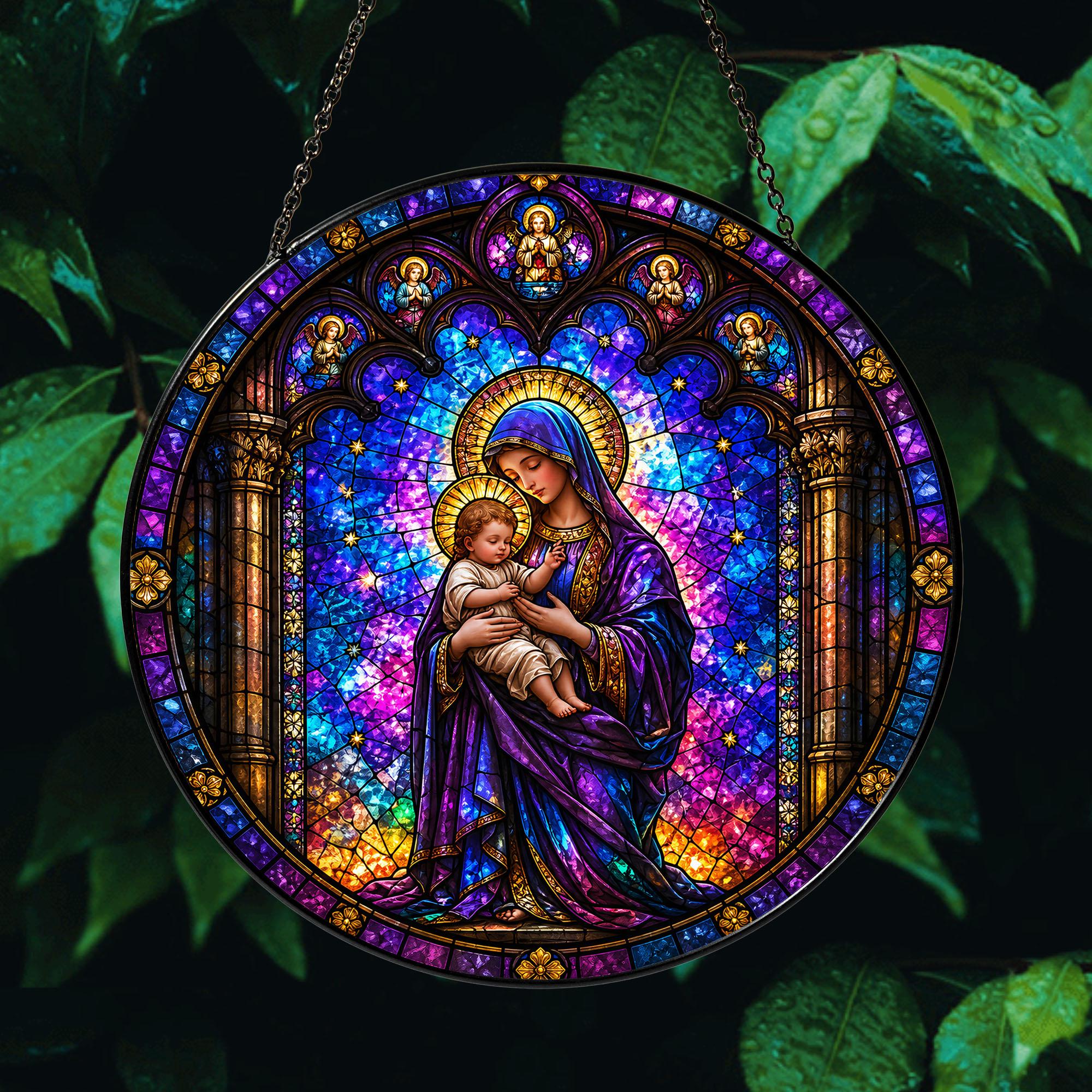 Virgin Mary and Baby Jesus Stained Glass Suncatcher, Christian Window ...