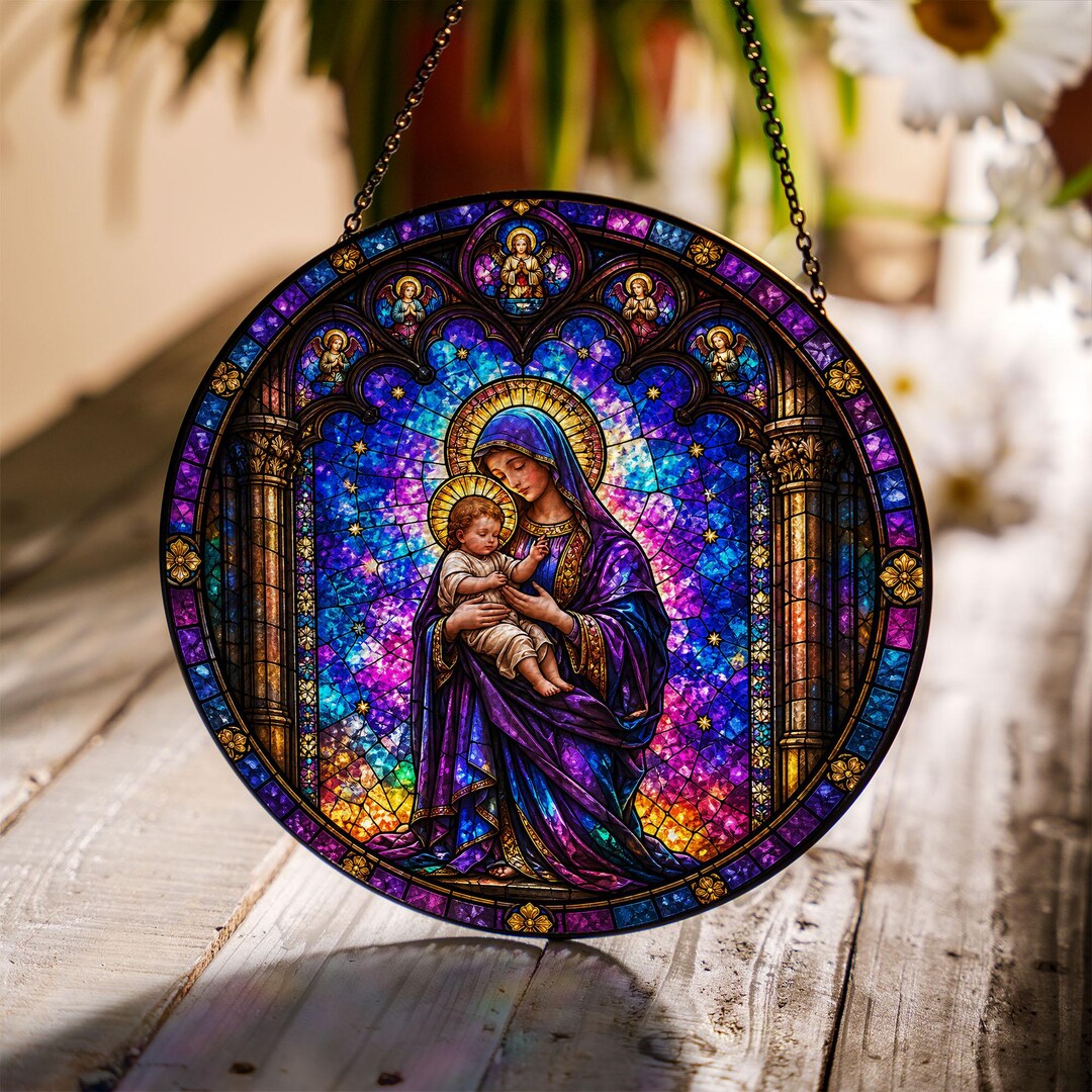 Virgin Mary and Baby Jesus Stained Glass Suncatcher, Christian Window ...