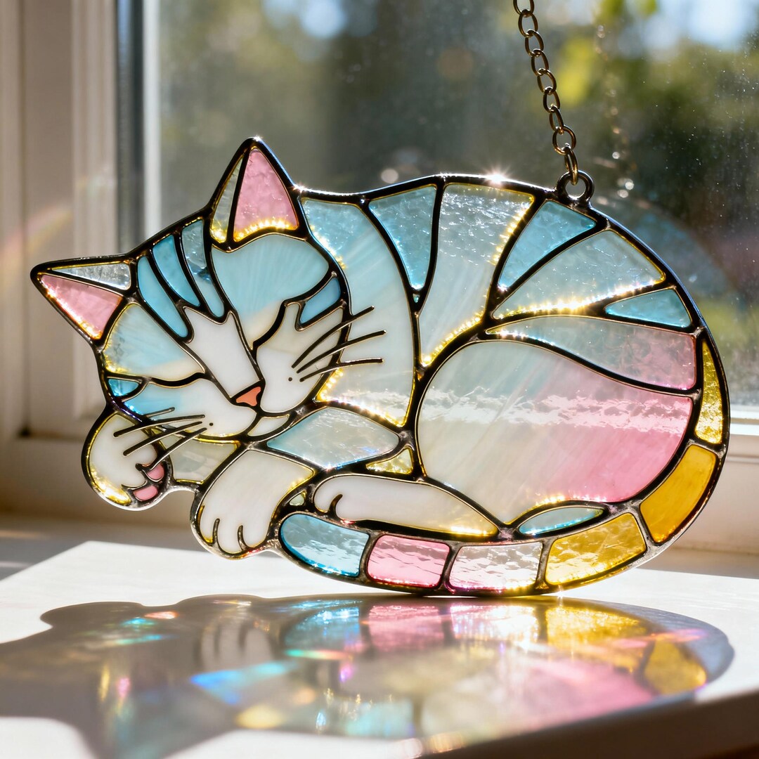 Handmade Sleeping Cat Stained Glass Suncatcher – Rainbow Light Window ...