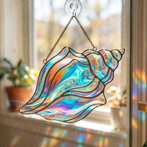 Seashell Acrylic Rainbow Suncatcher, Iridescent Shell Window Hanging, Holographic Beach Decor, Coastal Ocean Art, Mermaid Aesthetic Gift