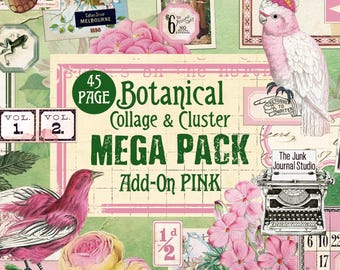 MEGA PACK - Kit de collage botánico, rosa complementario, etiquetas botánicas, kit digital botánico, efímera botánica, digital rosa
