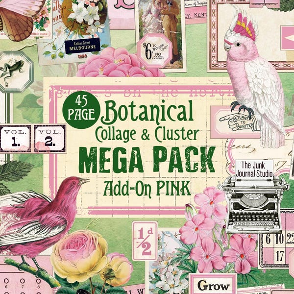 MEGA PACK - Botanical Collage Cluster Kit Series, Add-0n Pink, Botanical Labels, Botanical Digital Kit, Botanical Ephemera, Pink Digital