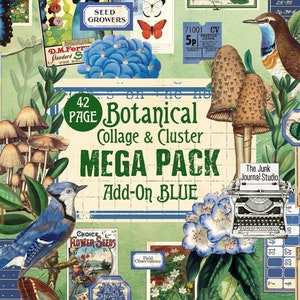 May include: A collage sheet with a green background and blue accents. The sheet features images of butterflies, birds, mushrooms, flowers, and other botanical elements. The text "42 Page Botanical Collage & Cluster Mega Pack Add-On BLUE" is printed on the sheet.